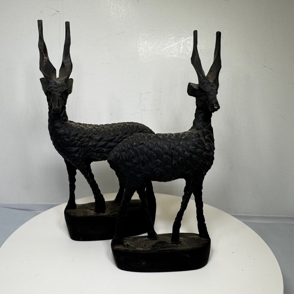 Vintage Besmo Set Of 2 Hand-Carved Wood Gazelle Figurines Kenya 6"-6.25" VIDEO